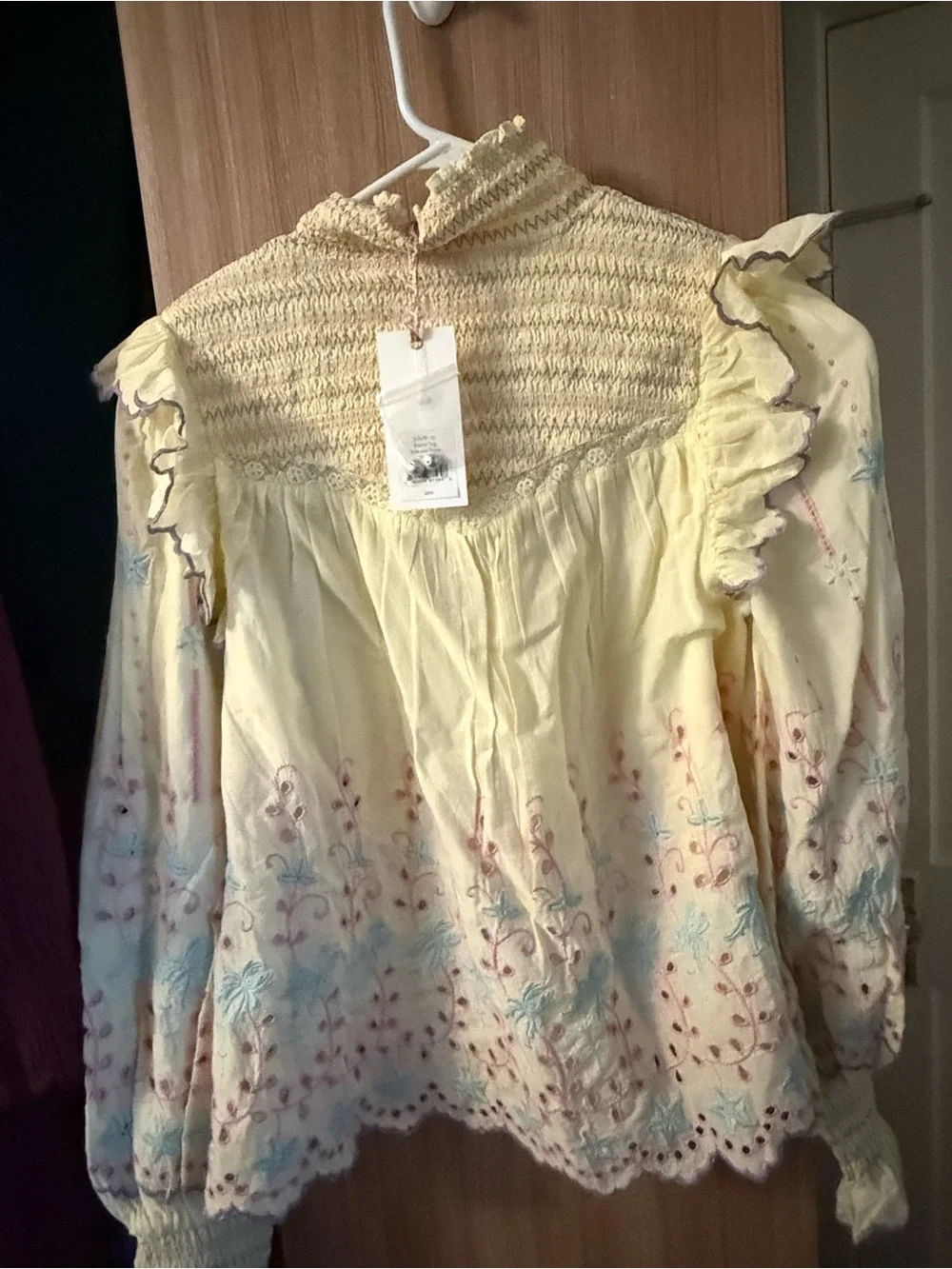 LoveShackFancy Pale Yellow Embroidered Ruffle Smocked Blouse